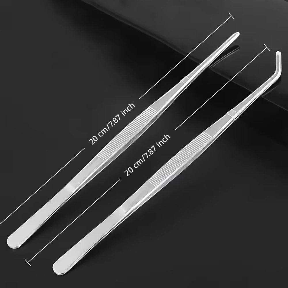 4Pcs Straight/Curved Tips Stainless Steel Tweezers Long Handle Cooking Clamps Bonsai Care