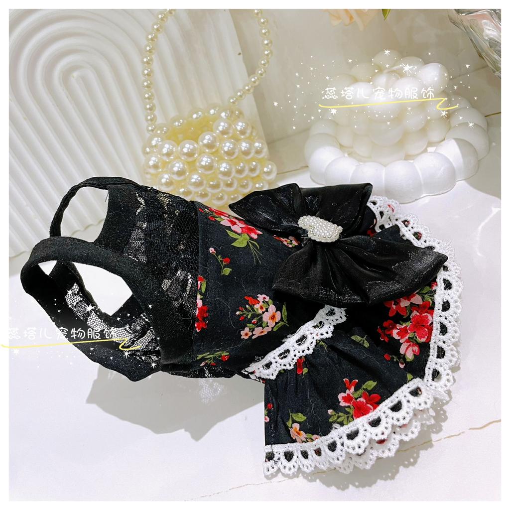 Lovely Puppy Dog Clothing Retro Chic Red Floral Print Lace Bow Black Princess Dress For Small Medium Dog Poodle Pet Dog Clothes