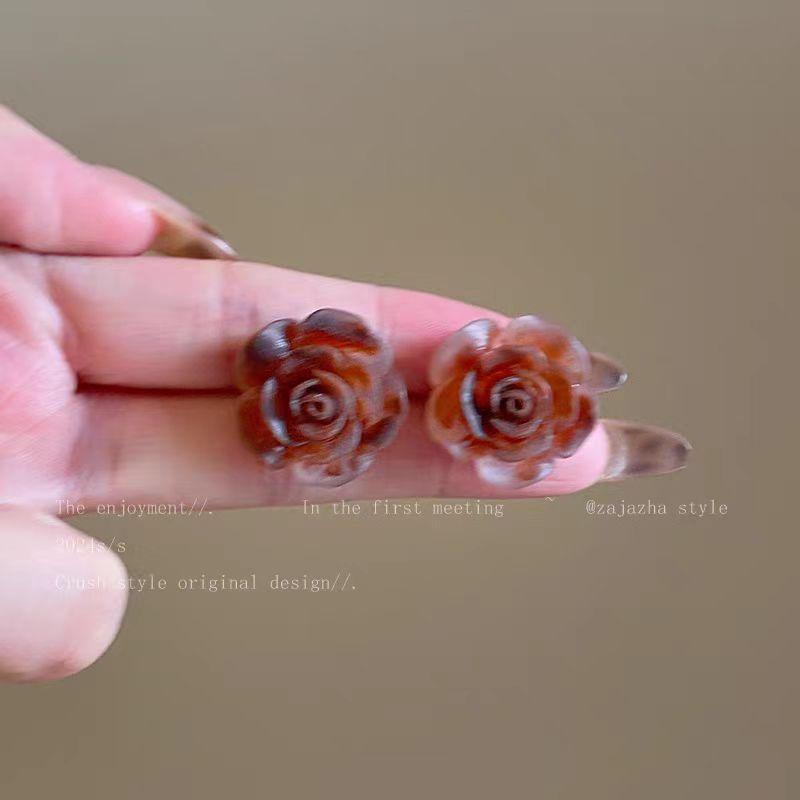 Red rose stud earrings 2025 popular autumn and winter smudged flower earrings temperament earrings