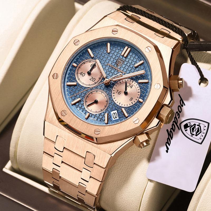 POEDAGAR Luxury Men's Watches Stainless Steel Date Chronograph Male Watch Waterproof Luminous Military Quartz Wristwatch