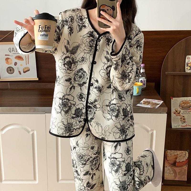 Layered Long Sleeve Cotton Quilted Pajamas Set for Women - Autumn/Winter Casual Cardigan Homewear