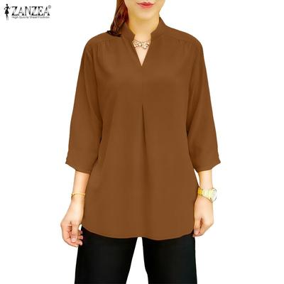 Women Loose V-Neck 3/4 Sleeve Solid Color Casual Blouse