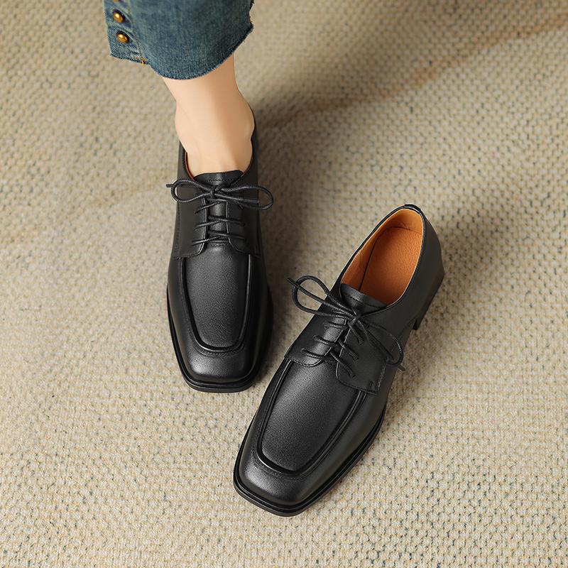 Moda 2024 Nowe Wiosenne Skórzane Damskie Buty Codzienne Mokasyny Sznurowane Kwadratowy Nosek Buty Oksfordzkie Szpilki Srebrne Damskie Buty