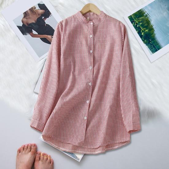 Damenhemd Stehkragen Langarm Einreihig Hemd Oberteile Vertikal gestreifter Druck