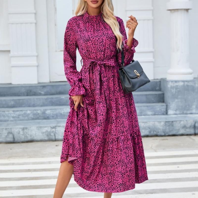 

GMXIA Весеннее платье с воротником-стойкой, длинными рукавами, шнуровкой на талии и оборками XL розы красного