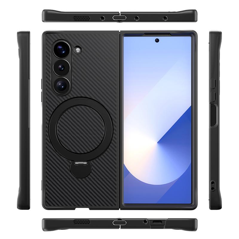 Carbon Fiber Leather Rotating Ring Bracket Phone Case for Samsung Galaxy Z Fold 6 5 4 Fold6 Fold5 Fold Protective Cover