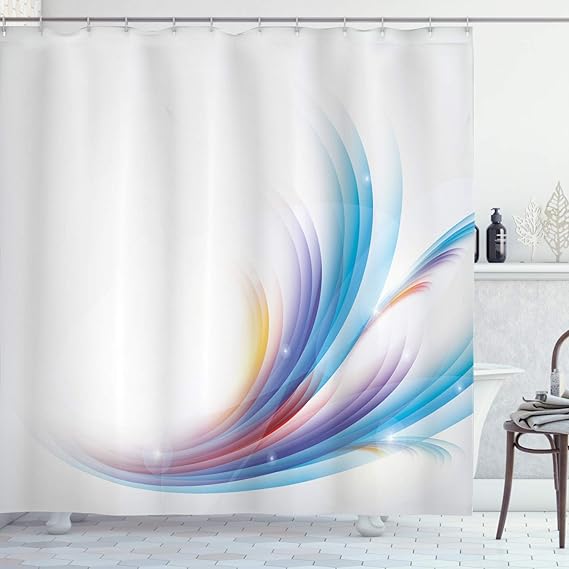 

Modern Abstract Shower Curtain: Vibrant Wavy Rainbow Pattern On Blank Canvas, Fabric Bathroom Decor