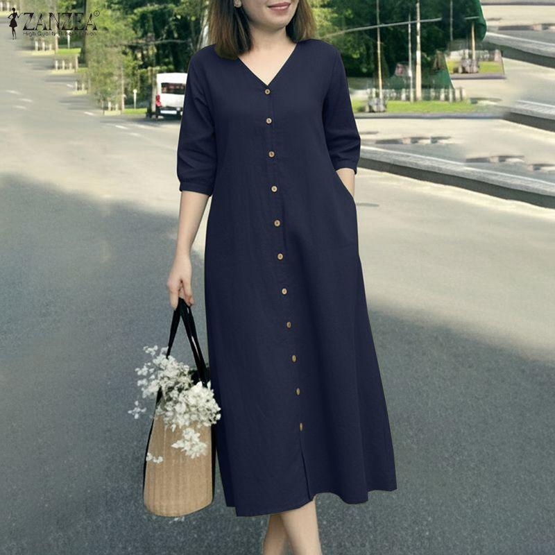 ZANZEA Women CasuaL V-Neck Summer 3/4 Sleeve Dress
