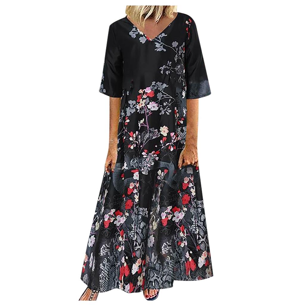 Ladies Casual Printed Long Dress V Neck Mid Waist Pullover Oversized Dress