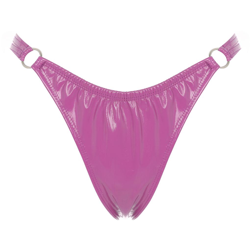 Womens Patent Leather Thong Underwear Elastic Waist O Ring Design Solid Color Glossy Briefs Nightclub Panties