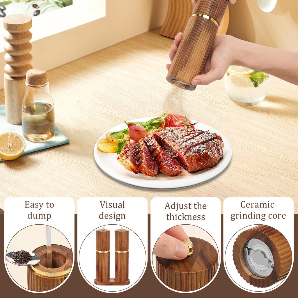 Salt and Pepper Grinder Set Wooden Manual Salt Pepper Grinder with Tray Adjustable Coarseness Pepper Mill Set for Kitchen Gadget