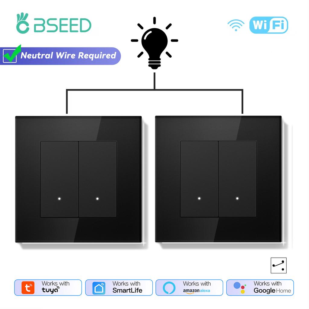 BSEED 1/2/3Gang Wifi Smart Wall Switches 2Way Tuya Smart Life Alexa Control For Stairs Corridor Mechanical Click Buttons 2Pack