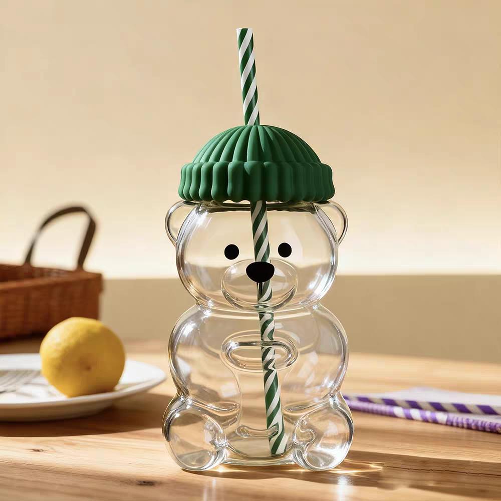 

500ML Cute Bear Cup Durable and Convenient Coffee, Beer, Wine, and Cocktail Beverage Utensils, Cute Bear Straw Glass Cup небесно-голубой