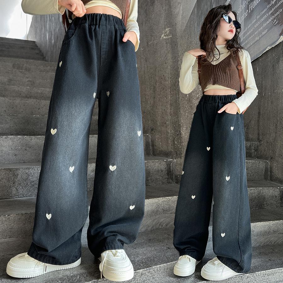 

Girls Wide Leg Pants Spring/Summer/Autumn New Style Cute Girls Embroidery Denim Jeans Straight Leg Pants Casual Trousers 120