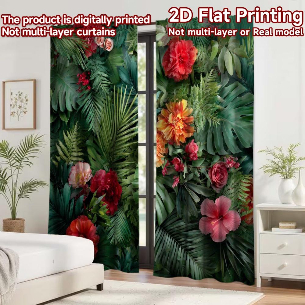 2D Flat Printing 2pcs Curtain Drapes Tropical Jungle Leaves Digital Printed Polyester Drapes Festive Holiday Perfect for Indoor