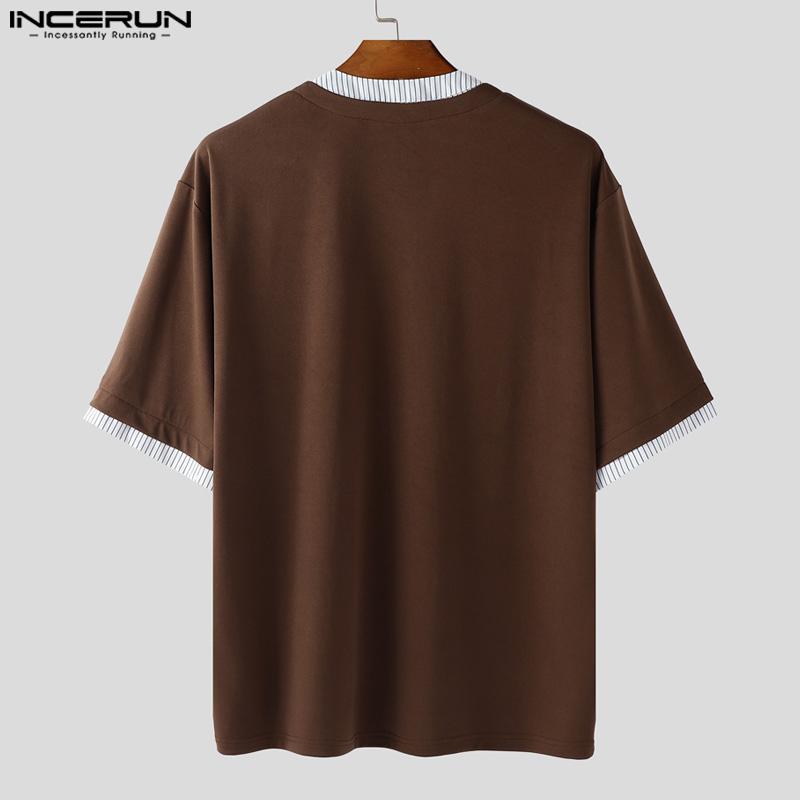 INCERUN Men's Short Sleeve Casual Striped Patchwork Oversized Tops T-shirts