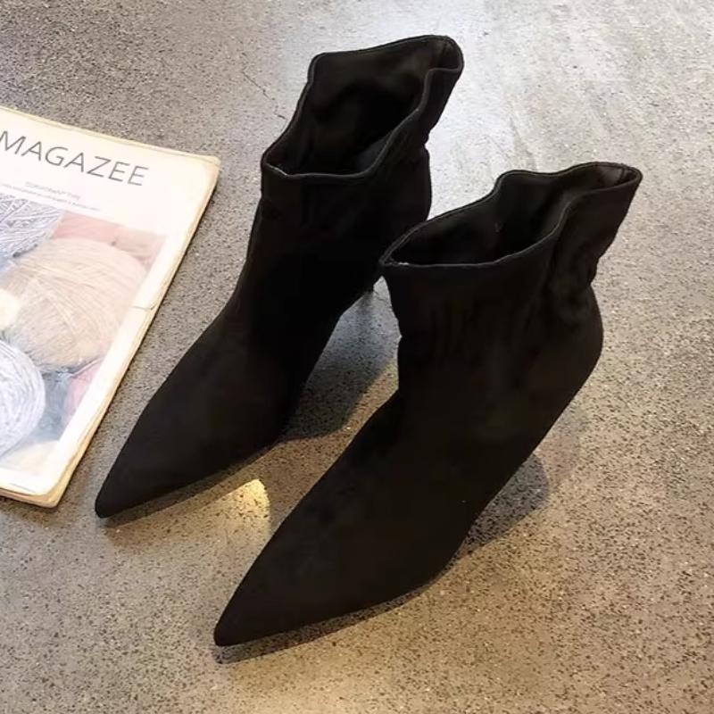 

Fashion Retro Brown Faux Suede Boots Women Fashion Pointed Toe Pleated Design Ankle Boots Comfortable Soft Leather Thin Heel Modern Boot 35 чёрный