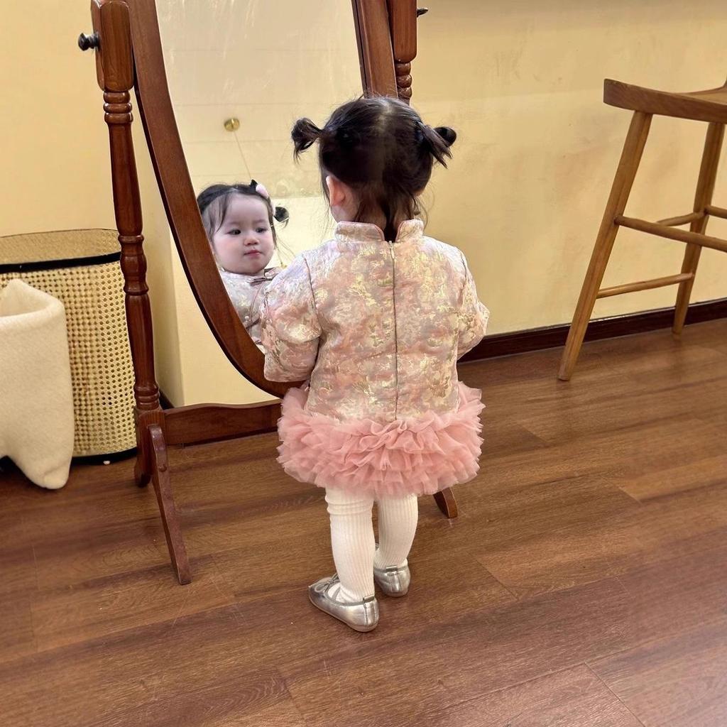 Winter Floral Patchwork Mesh Dress for Girls: Retro Chinese Style