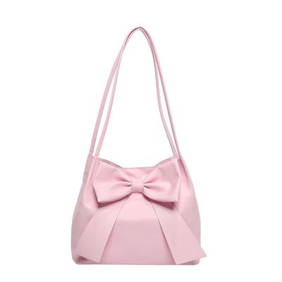 [Mies'] Elegant Ribbon PU Leather Shoulder Bag, 27 X 22 X 11 Cm, Available In 4 Colors, Large Capacity Tote Bag (Pink)