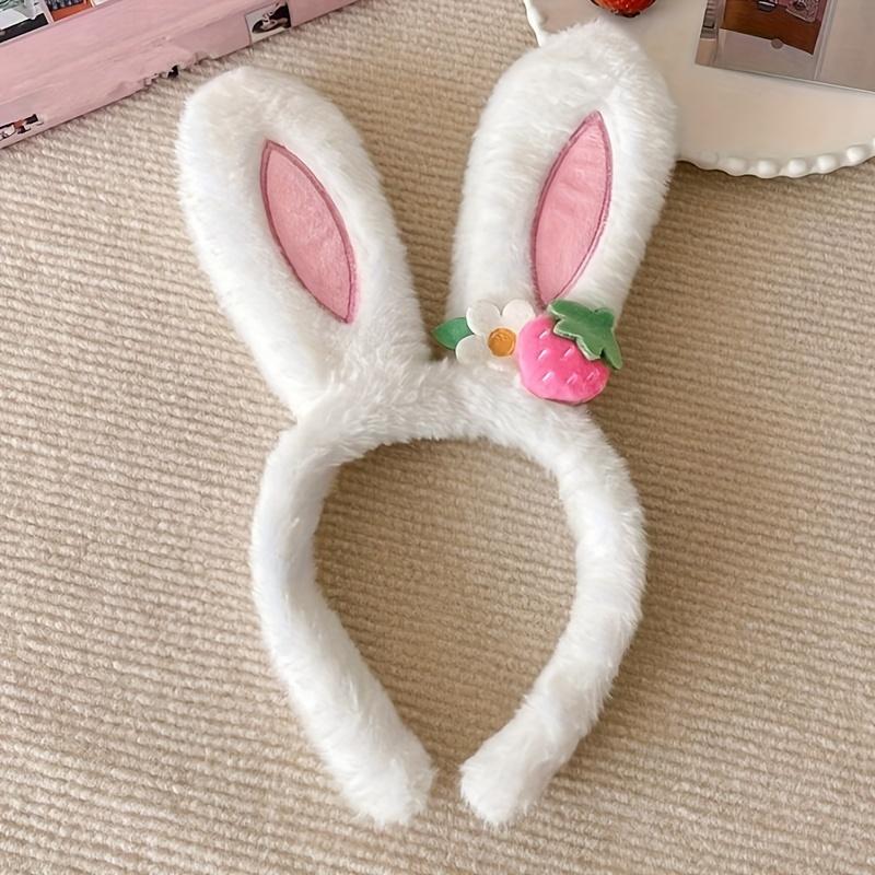 Cute Strawberry Flower Rabbit Ear Headband for Women, Plush Hairband.