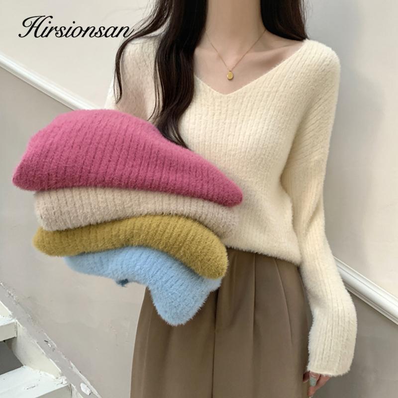 

Hirsionsan зима-осень свободный элегантный базовый джемпер женский простой теплый вязаный свитер с v-образным вырезом женский однотонный пуловер с длинными рукавами для отдыха