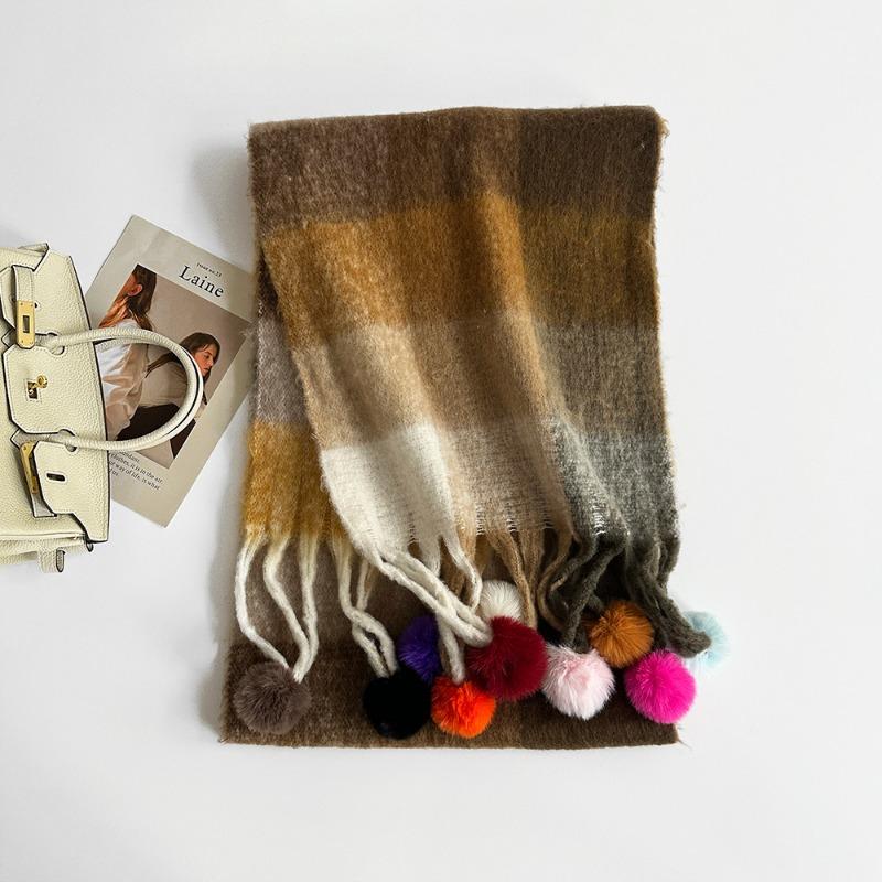 

Fashion Trend Scarf Winter Scarf Rainbow Plaid Dopamine Stripe Handmade Hairball Shawl 250*40