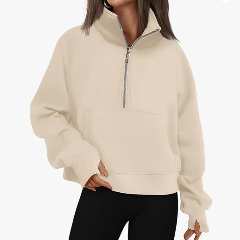 Women's Raglan Sleeve Fleece Loose Coat - Half-Zip Stand Collar Sweatshirt for Autumn and Winter