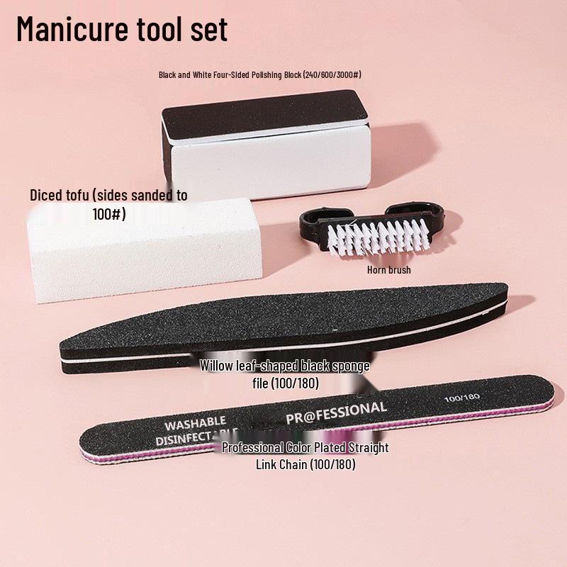 Ensemble d'outils pour nail art noir: Kit de 5 pièces avec lime éponge, polissoir, lime à ongles, bloc de polissage, bloc tofu et brosse en corne.