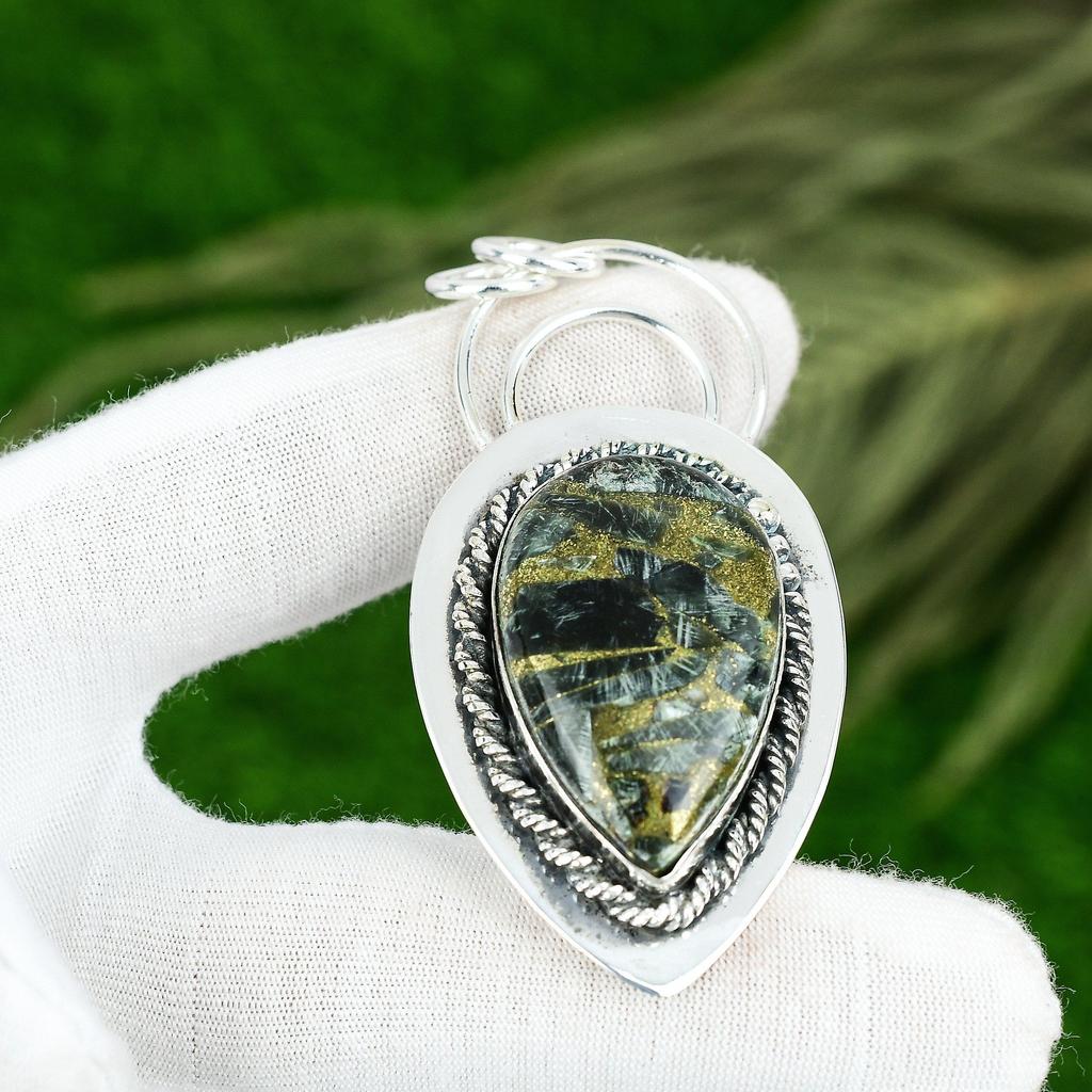 Friendship Day Deal Copper Seraphinite Gemstone Sterling Silver Bezel Pendant