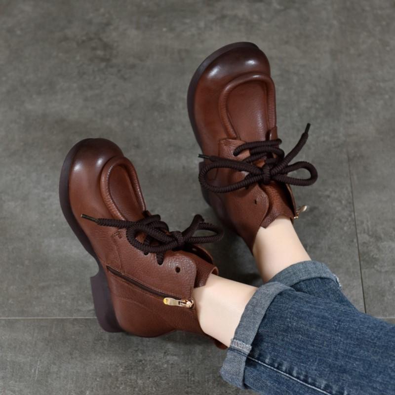 Johnature Vintage Cowhide Handmade Short Boots Genuine Leather Lace Up Round Toe Soft Soled Boots Women's Shoes