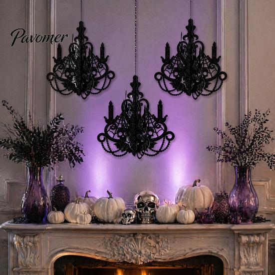 Halloween Party Supplies 3D Candlestick Chandelier Ceiling Ornament, Gothic Glitter Window Displays Hanging Decoration for Holiday Party, Ceiling,