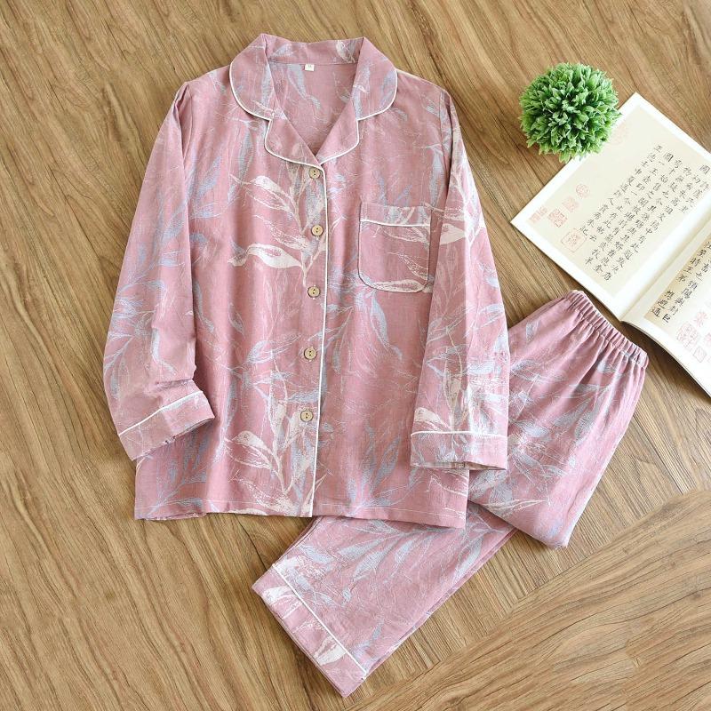 2026 New Spring and Autumn Women's Pajama Set 100% Cotton Color Knitted Jacquard Long Sleeve Large Home Furnishing Set