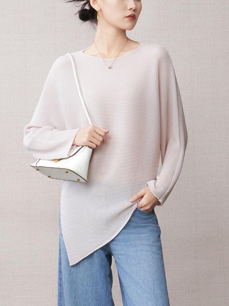 Women's Irregular Long-Sleeve T-Shirt - 2025 Autumn Style, Loose Fit, Slimming, Split & Pleated Base Layer.