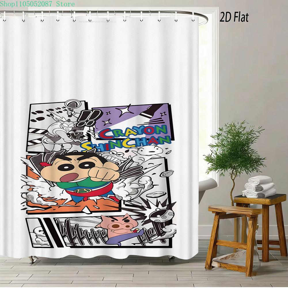 Crayon Shin-Chan Cheese & Shiro 2D Print Waterproof Shower Curtain, Cute Cartoon Bathroom Decor With Hooks