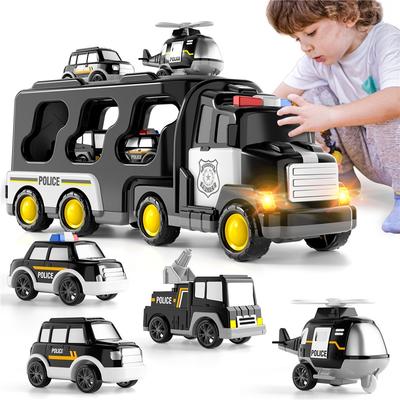 5 In 1 Police Truck Sets Kids Toys Cars Toddler Carrier Truck Pull Back Cars Transport Vehicles Toys Birthday Gifts Boys Girls