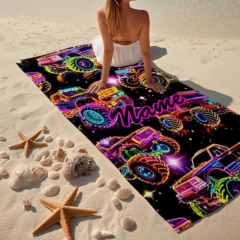 Custom Name Ultra-Soft Beach Towel with Truck Theme,Ideal for Pool - Camping, Diving - Perfect Travel Essential, Vibrant Beach Towel.