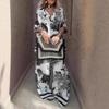 Black & White Floral Print Short Sleeve Shirt and Wide Leg Pants Set