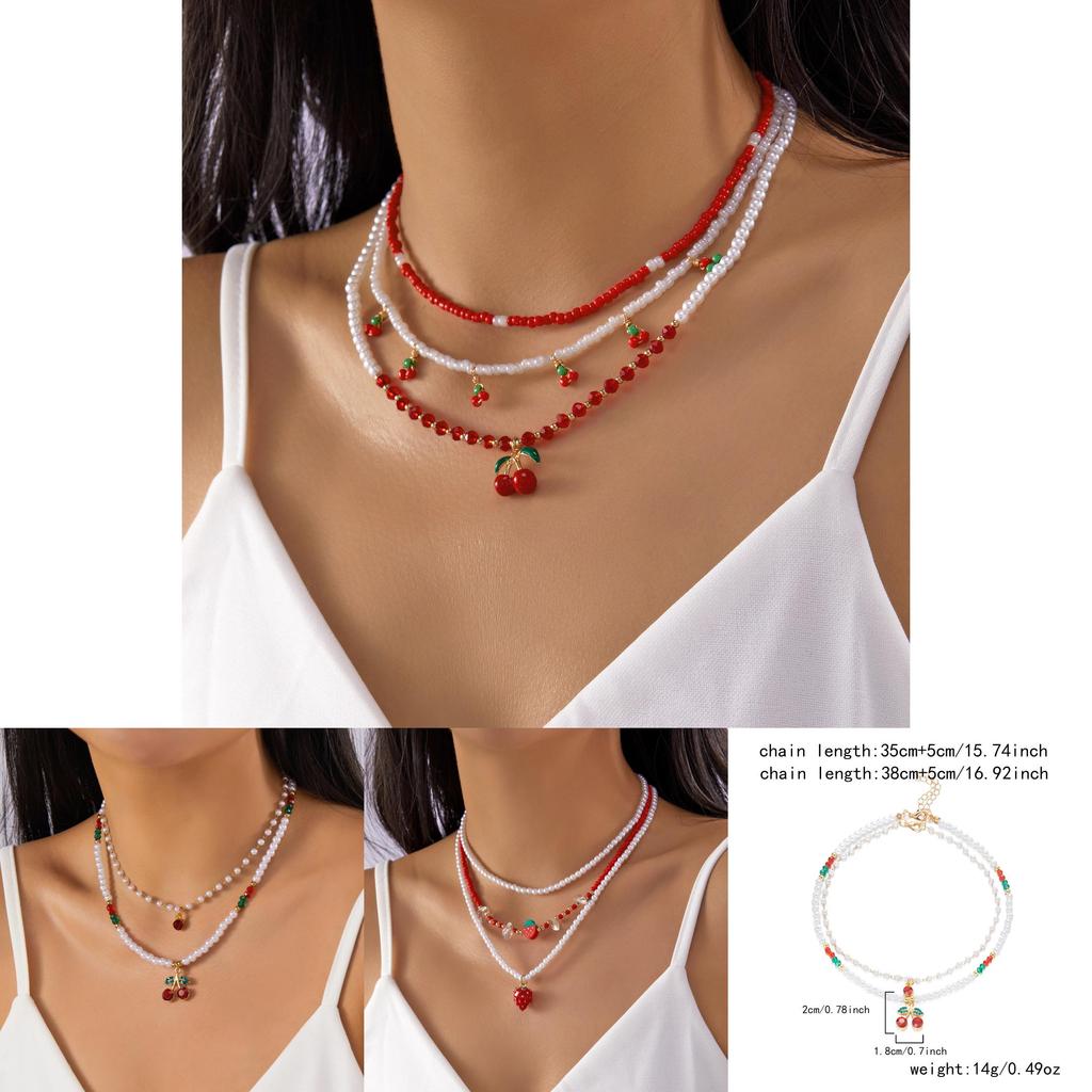 Romantic Heart Pearl Choker Necklace With Cherry And Strawberry Charms For Girls