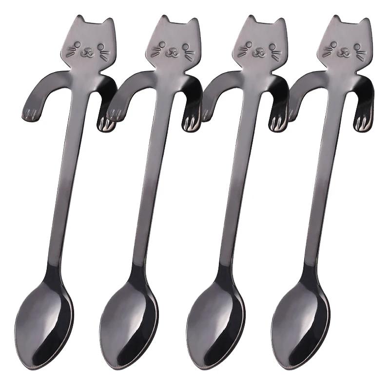 Cute Cat Coffee Spoon Stainless Steel Teaspoons Ice Cream Dessert Snack Scoops Cartoon Mini Cats Spoons Tableware Kitchen Tools