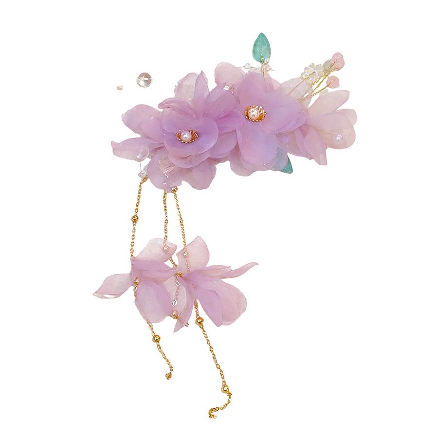 Fairy Chiffon Pearl Flower Tassel Hair Clip - Vacation Style Duckbill Bangs Accessory