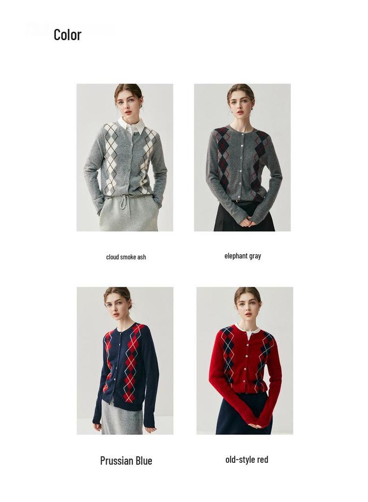 2026 Autumn/Winter Women's Cashmere Cardigan: Round Neck, Diamond Pattern, Contrast Color Knit Wool Sweater Coat