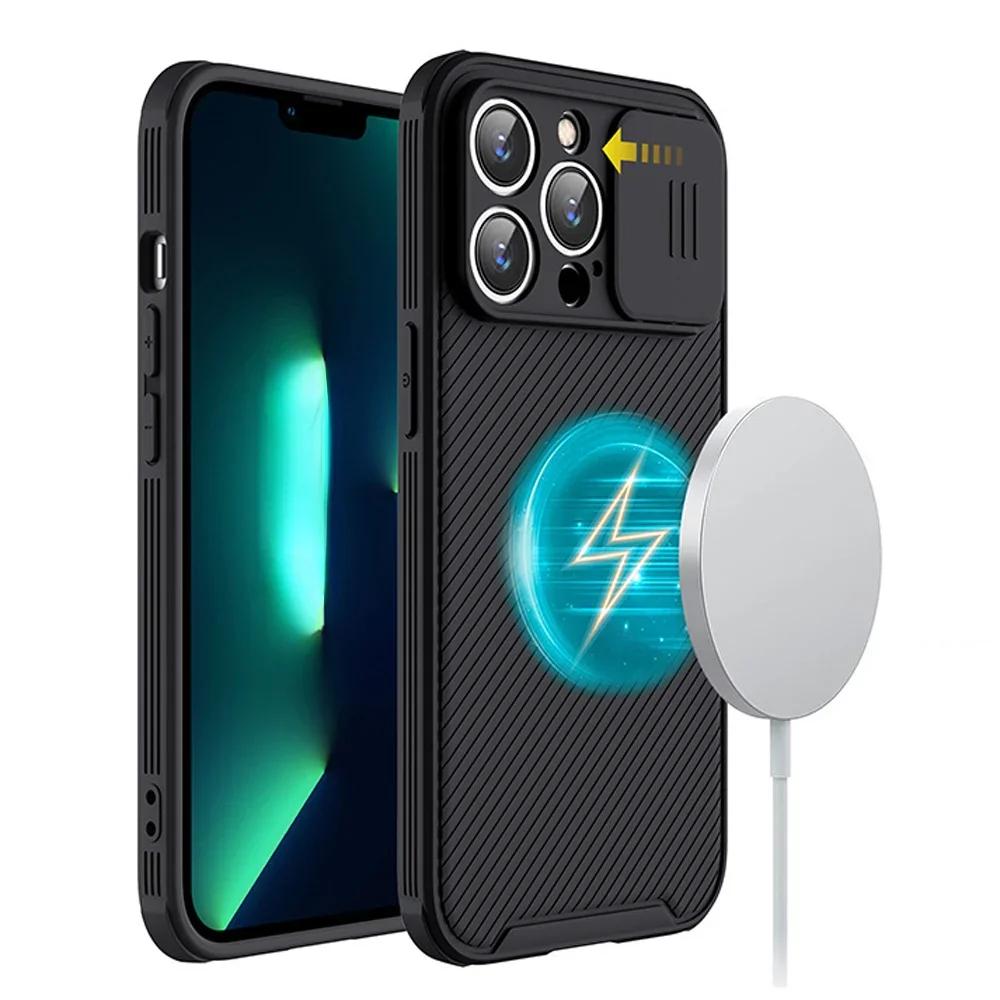 Slide Camera Lens Protection Magnetic Case for iPhone 16 15 13 12 14 Pro Max Plus Magsafe Wireless Charging Soft Silicone Cover