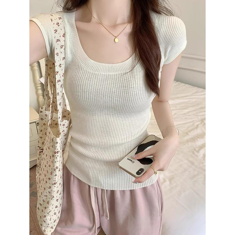 U-neck Pure Desire Thin Knitted Short-sleeved T-shirt Women's Summer Shoulder Slim Dopamine White Short Bottoming Top