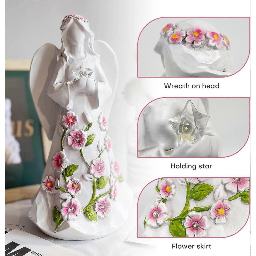 LED Lighted Guardian Angel Figurine with Floral Accents  Battery Operated Angel Statue with Glowing Star, Sympathy & Birthday Gift for Grandma, Aunt &