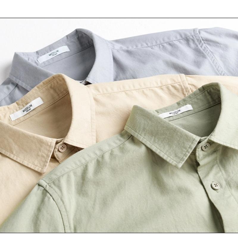 Spring/Autumn 100 Cotton Mens Long Sleeved Shirts Daily Casual Tops Turn Down Collar Double Pockets Green Shirt Korean Retro Style Men Clothing