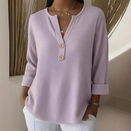 Damtoppar V-ringning Knappar Halvknäppning Långärmad Pullovertoppar Enfärgad Lös passform Våffelstruktur Mjuk Stretchig Vardagstoppar