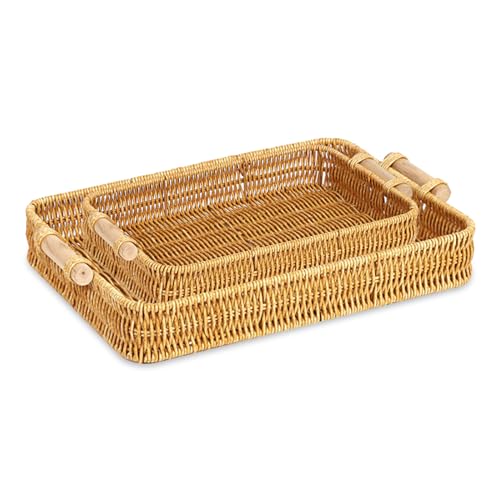 DIFEIUKI Rattan Woven Fruit Basket Set of 2, Handmade Rectangular Storage Basket with Natural PP Rattan Finish, Perfect for Snacks, Bread, Breakfast,