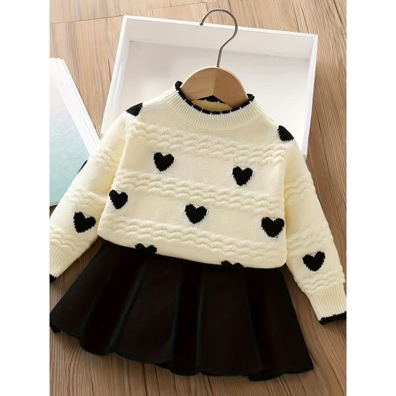 2024 Autumn/Winter New Girls' Korean-Style Sweater Set - Stylish Baby Heart Knit Two-Piece (Trendy Design), for Outdoor
