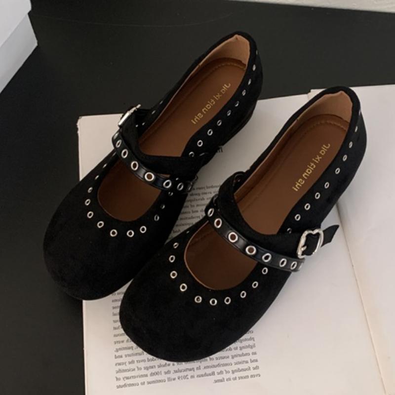Fashion Comfort Faux Suede Flat Mary Jane Shoes Women Fashion Rivet Belt Buckle Brand Designer Shoes High Quality Soft Sole Casual Shoes