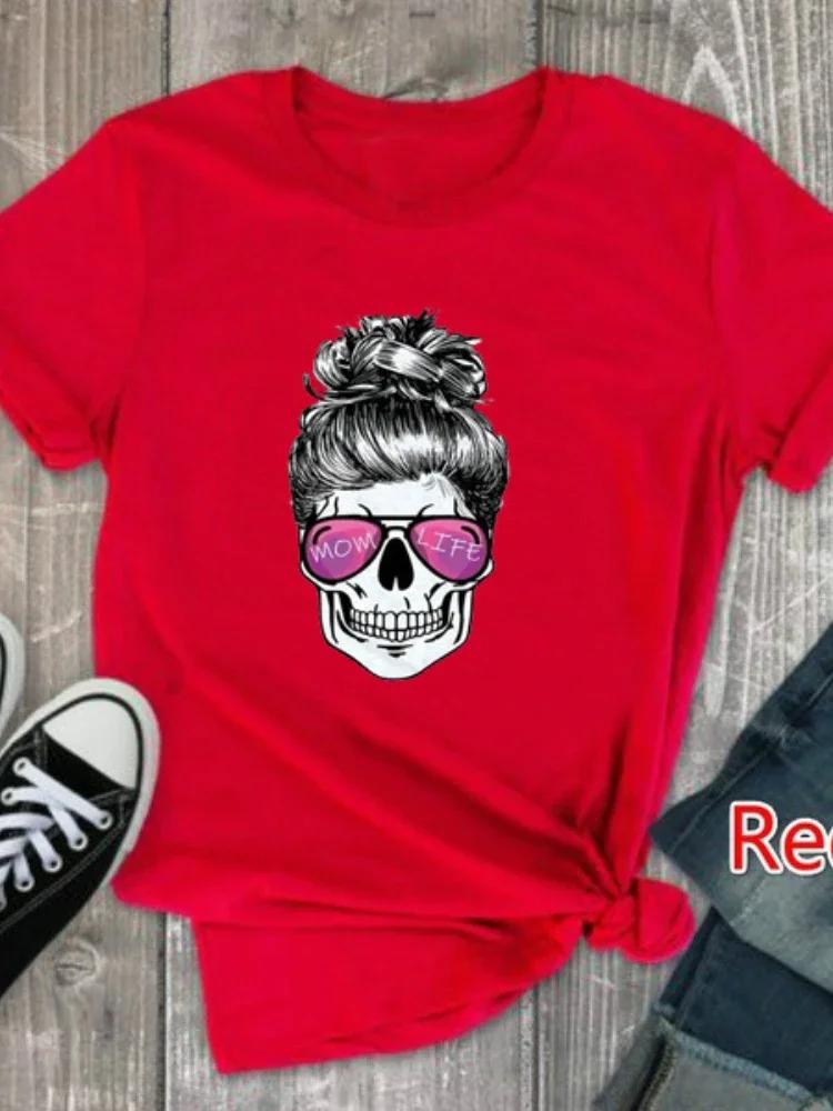 Mom Life Skull Head Print T Shirt Women Short Sleeve O Neck Loose Tshirt Summer Women Tee Shirt Tops Camisetas Mujer
